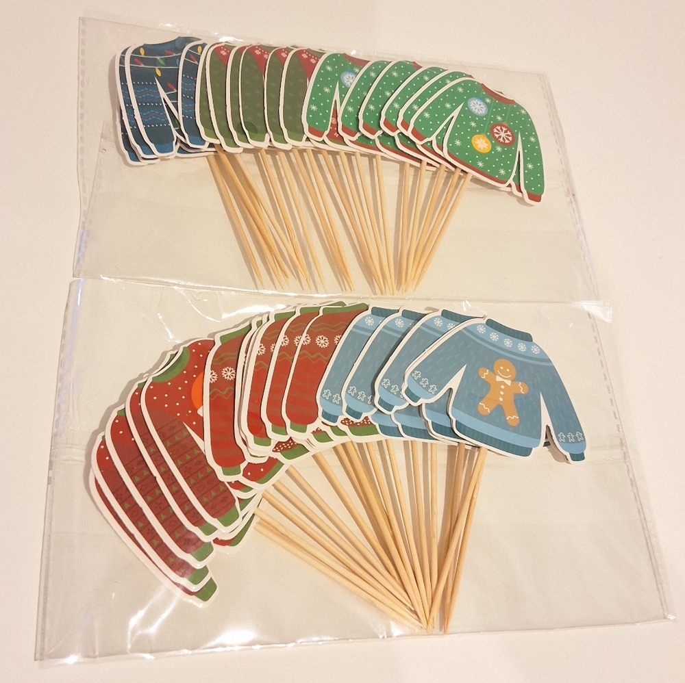 36 Pcs Christmas Cupcake Toppers, 6 Ugly Sweater Designs, Holiday Party Decor